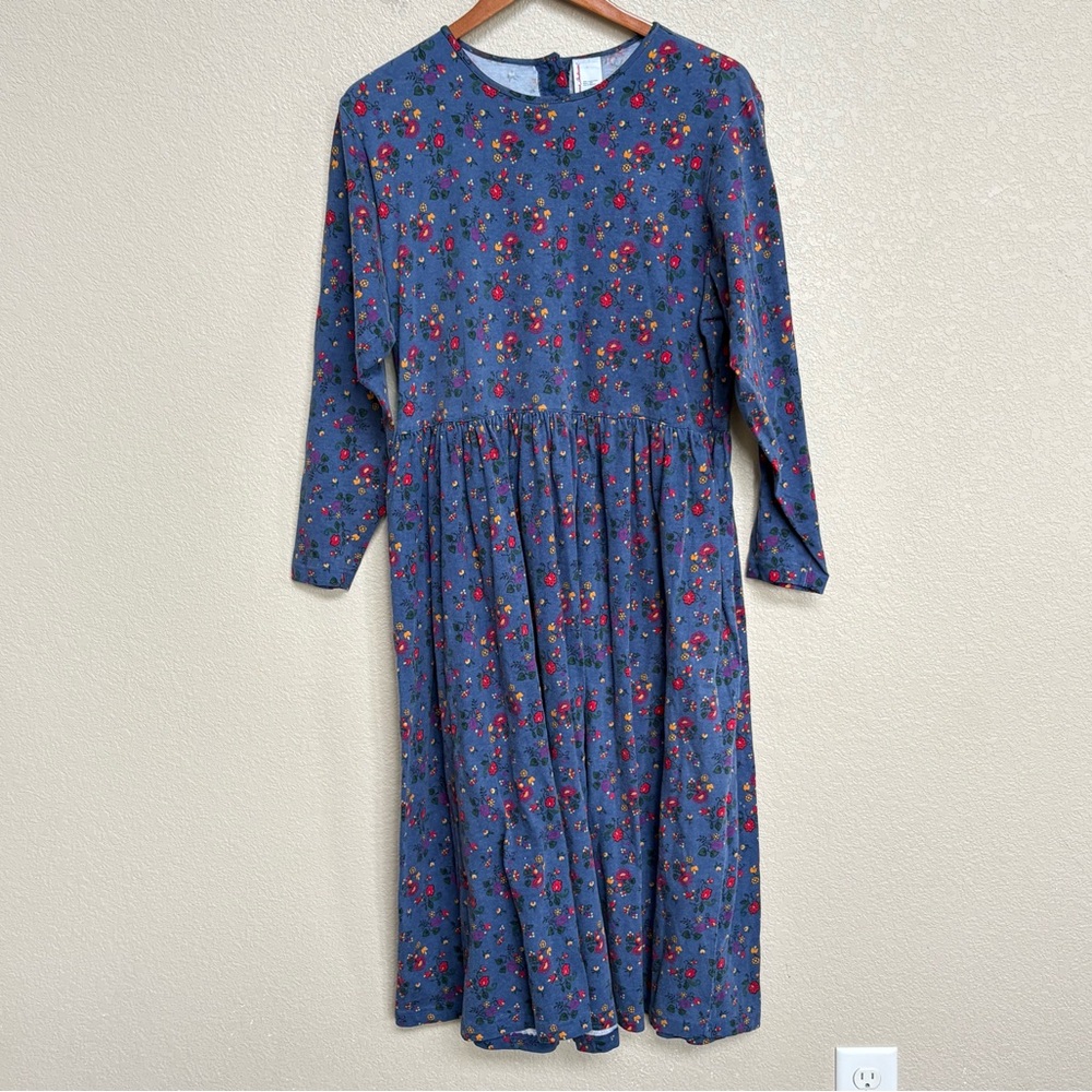 Hanna Andersson Blue Floral Cotton Long Sleeve Midi Dress XL Cottagecore Prairie